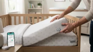 Step-by-step installation guide for a smart crib mattress with sensors in a nursery.