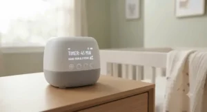 A digital nature sounds sleep machine displaying timer settings and sound options on an LED screen.