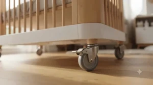 A fully assembled, stable lockable caster crib locked in position for infant safety.