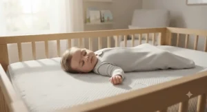 A baby sleeping peacefully on a temperature-regulating crib mattress designed to prevent overheating.