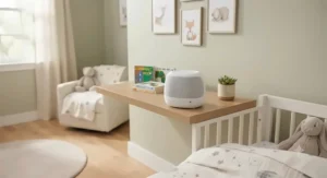 A quiet toddler bedroom setup showing a nature sounds sleep machine on a shelf next to children's books.