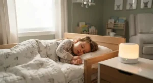 A toddler sleeping deeply in bed with a non looping white noise machine running in the room