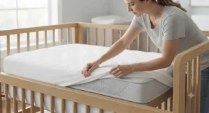 A parent placing a washable, cooling crib mattress pad onto a standard sized crib mattress for better temperature regulation.