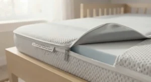 Detailed view of the removable waterproof cover on a climate control crib mattress.