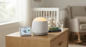 Sound level monitor next to a white noise machine for nursery showing safe decibel limits for baby sleep