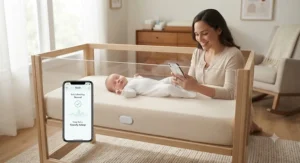 Mother smiling while monitoring her infant using a wireless breathing sensor mattress system