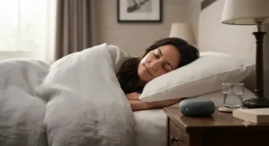 A woman sleeping soundly in a bed with a small travel white noise machine placed on the bedside table.