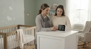 Pediatrician and mother reviewing air quality monitor stats in a baby room