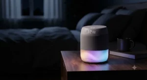 An alexa compatible sound machine glowing with multi-colored night light features in a dark room.