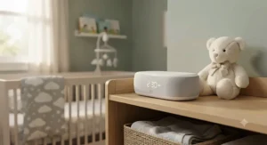 An alexa compatible sound machine placed in a baby nursery next to a stuffed animal.