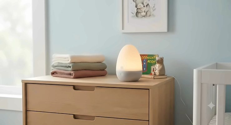 An app-controlled baby night light glowing softly on a modern nursery dresser