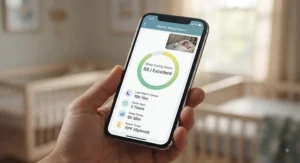 Close-up of a mobile app interface showing a nightly baby sleep quality score and analytics