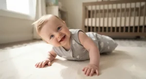 Baby safely practicing rolling over while wearing an arm-free adjustable swaddle transition suit
