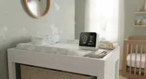 Air quality monitor on a changing table next to baby wipes and diapers