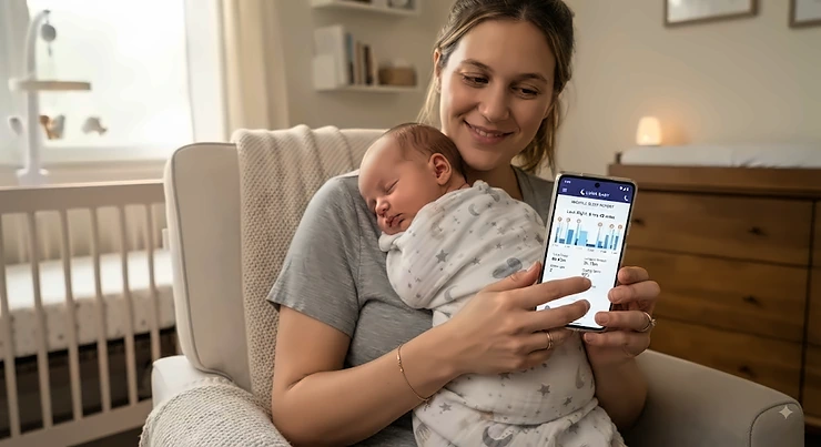 Parent holding a smartphone displaying the baby sleep analytics app dashboard tracking nightly rest.