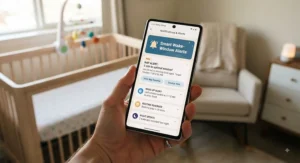 Smartphone screen showcasing smart wake-window alerts from a baby sleep analytics app.