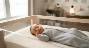 A newborn baby sleeping peacefully in a crib while wearing a cozy smart sleep sack.