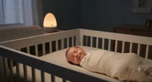 A baby sleeping peacefully in a crib with a warm-glowing app-controlled night light nearby
