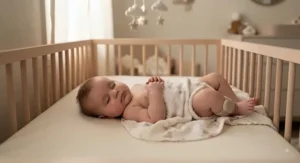 A baby sleeping peacefully in a crib while wearing a small sleep cycle tracking baby device for parent peace of mind.
