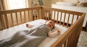 Safe sleep environment featuring an infant resting in a winter 2.5 TOG sleep sack