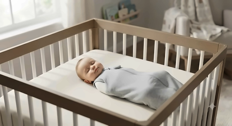 Infant sleeping peacefully in a crib wearing a breathable Wi-Fi sleep sack monitor. wifi sleep sack monitor