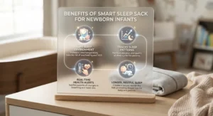 An infographic illustrating the key benefits of using a smart sleep sack for newborn infants.