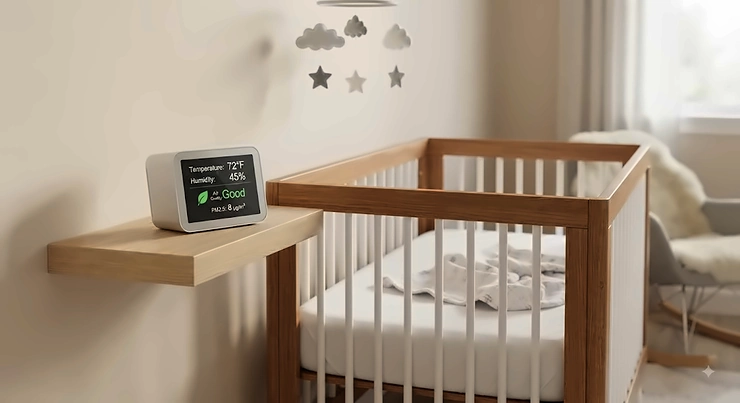 Compact air quality monitor showing temperature and humidity next to a crib