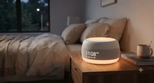 A sleek white alexa compatible sound machine emitting a warm glow for sleep therapy.