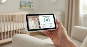 Top-rated baby monitor unit displaying sleep quality score metrics on its parent handheld screen