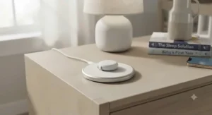 Smart Wi-Fi sleep sack monitor sensor resting on its wireless charging dock on a nightstand