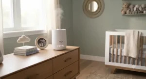 A compact smart humidifier for nursery placed on top of a wooden dresser in a neutral-toned baby nursery.