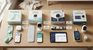A visual comparison layout of various top-rated sleep cycle tracking baby devices helping parents choose the right monitor.