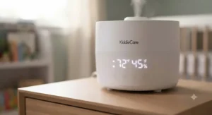 Digital humidity readout displayed on the front panel of a smart humidifier for nursery.