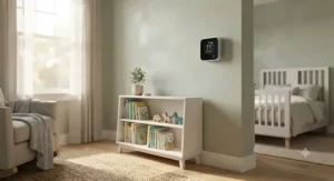 An energy-efficient smart nursery thermostat installed in a cozy, sunlit child's room.