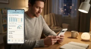 Father reviewing infant bedtime trends and sleep quality scores on a baby sleep analytics app.