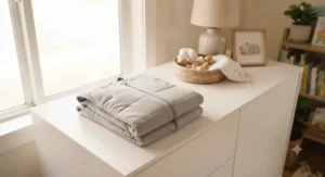Neatly folded 2.5 TOG sleep sack resting on a clean nursery dresser