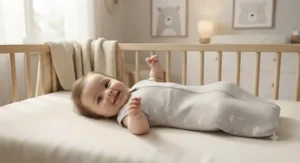 Happy baby smiling after a good night's rest in a cozy swaddle transition bag.
