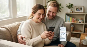 Happy parents smiling together while checking insights on their baby sleep analytics app.