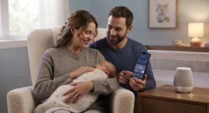 Relaxed parents checking sleep tracking and volume settings via smartphone-controlled sleep sounds baby software.