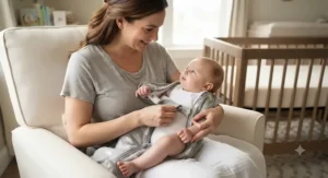 Parent demonstrating how to use an adjustable swaddle transition garment for infant sleep