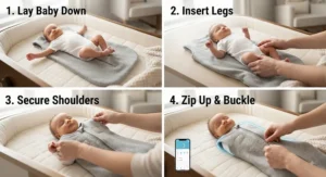 Step-by-step visual guide showing how to correctly secure a newborn in a smart sleep sack.