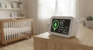 Close-up of an indoor air quality monitor displaying safe humidity levels for a baby