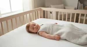 Infant sleeping safely in a crib while wearing a secure 0.5 TOG sleep sack for hot summer nights.