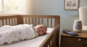 A peaceful newborn infant sleeping soundly in a crib while smartphone-controlled white noise plays softly.