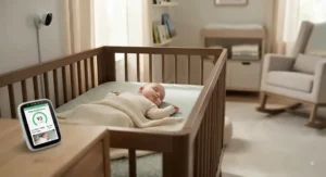 Peaceful baby sleeping in a crib monitored by a smart device measuring sleep quality scores