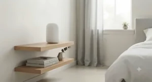 A minimalist white sunrise simulator night light blending into contemporary home decor.