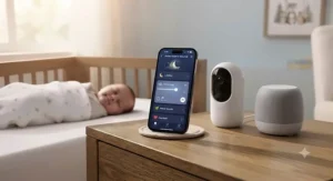 A modern video monitor and speaker system delivering smartphone-controlled sleep sounds baby audio for better rest.