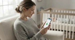 Mother viewing real-time infant breathing and temperature alerts on her smartphone connected to a Wi-Fi sleep sack monitor