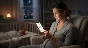 Mother checking a baby sleep analytics app on her phone in a dimly lit nursery during nighttime.