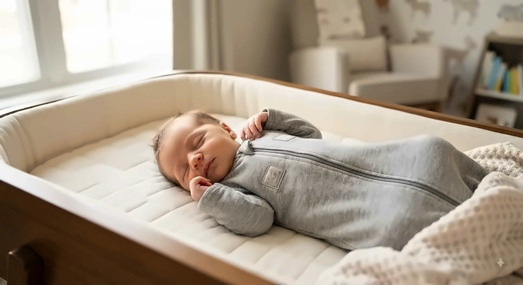 A newborn baby comfortably wearing a smart sleep sack to encourage safe and restful sleep.